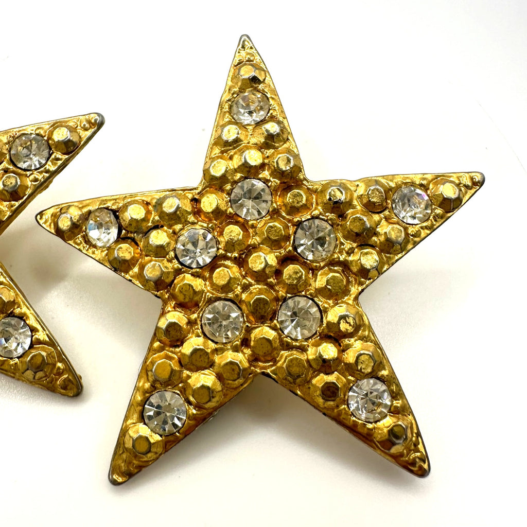 Vintage 1990s gold tone clear rhinestones 5 point stars clip on earrings