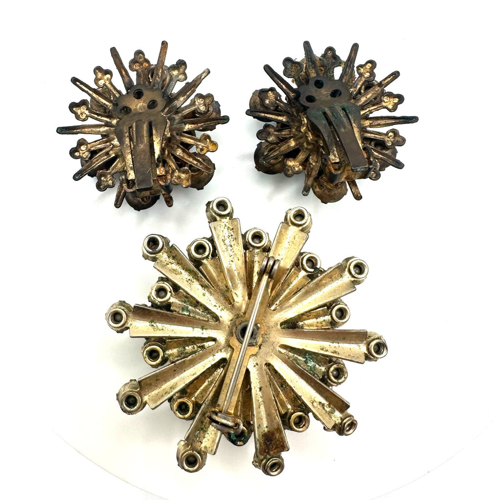 Vintage gold tone blue AB rhinestones starburst brooch clip on earrings