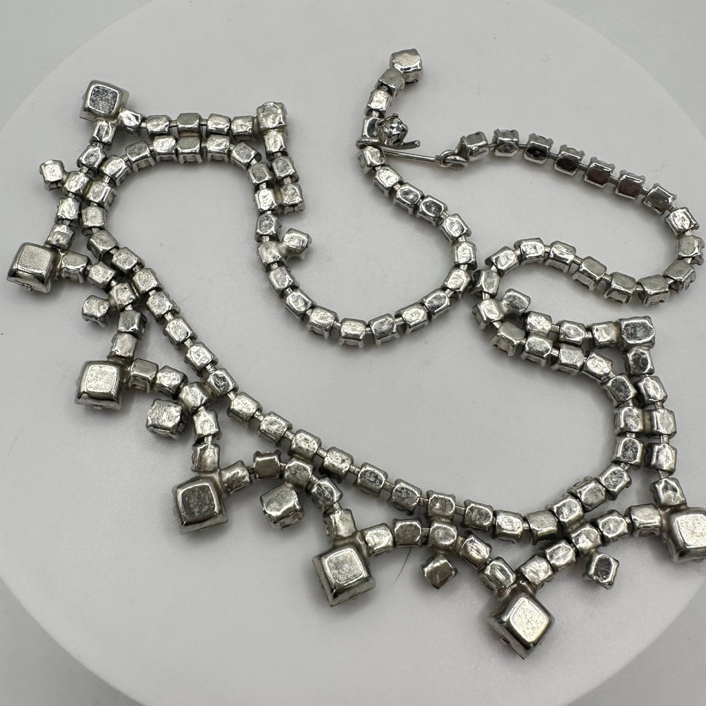 1940s 1950s vintage silver tone clear gray glass rhinestones swag necklace