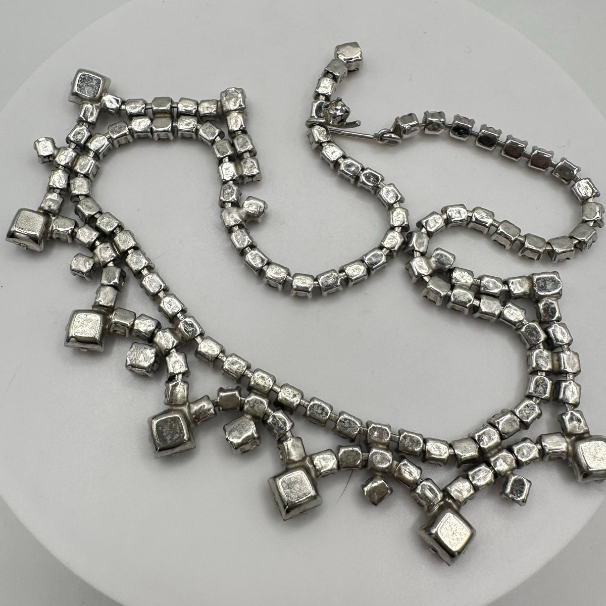 1940s 1950s vintage silver tone clear gray glass rhinestones swag necklace