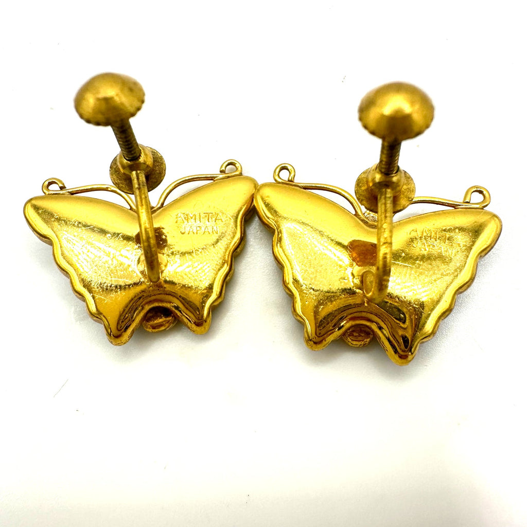 Amita Japan Damascene vintage gold plated black butterfly screw back earrings