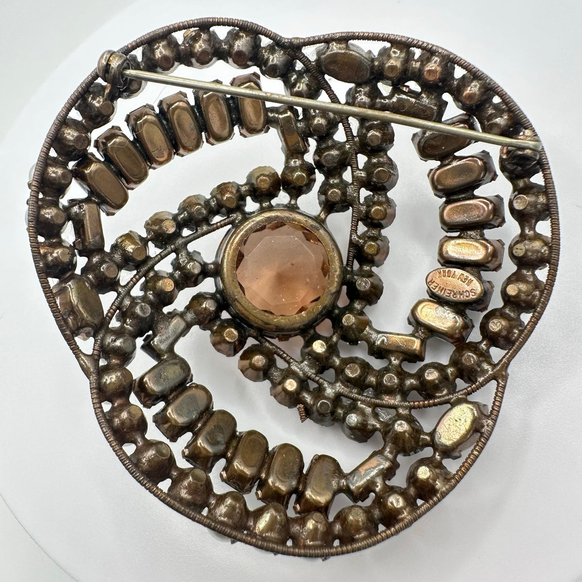 Schreiner vintage gold tone clear gray topaz inverted rhinestones pearls brooch