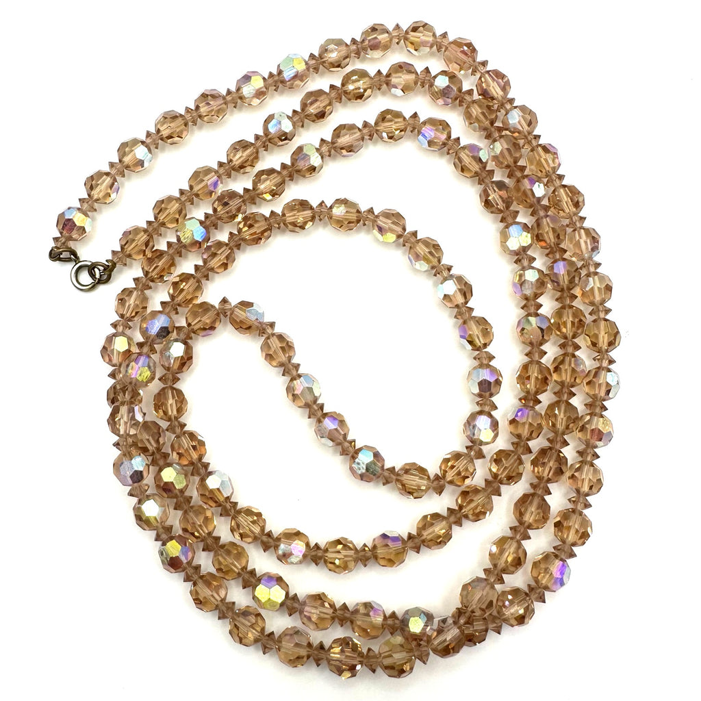 Vintage faux topaz faceted glass aurora borealis AB beads beaded 49” necklace