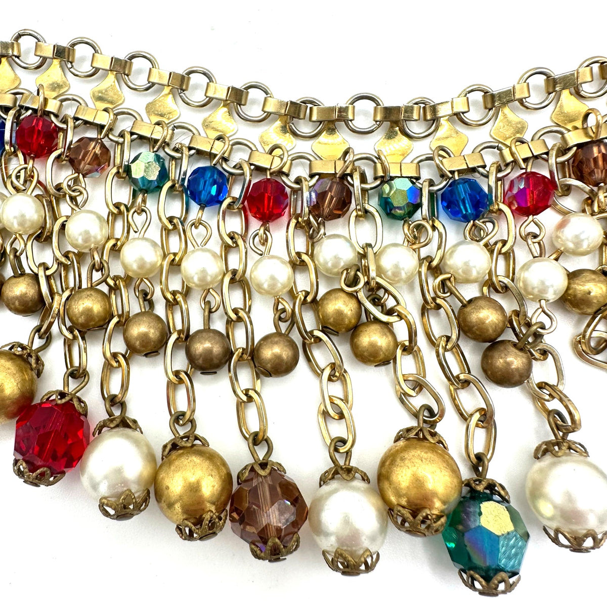 Alice Caviness vintage gold tone AB glass faux pearls beaded fringe necklace