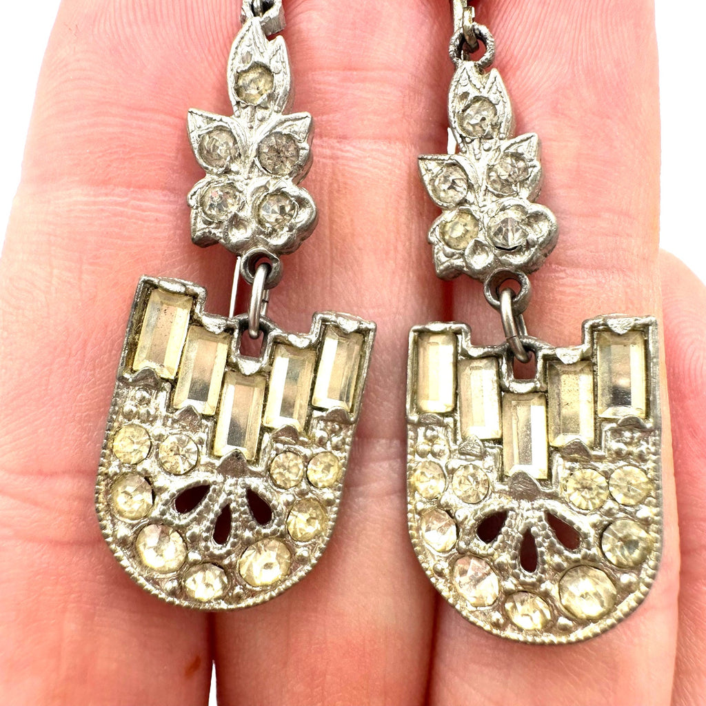 Antique Art Deco silver tone Czech glass rhinestones drop screw back earrings