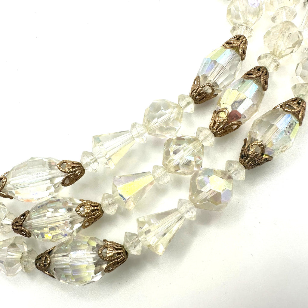 Vintage triple strand AB glass beaded gold tone filigree rhinestone necklace