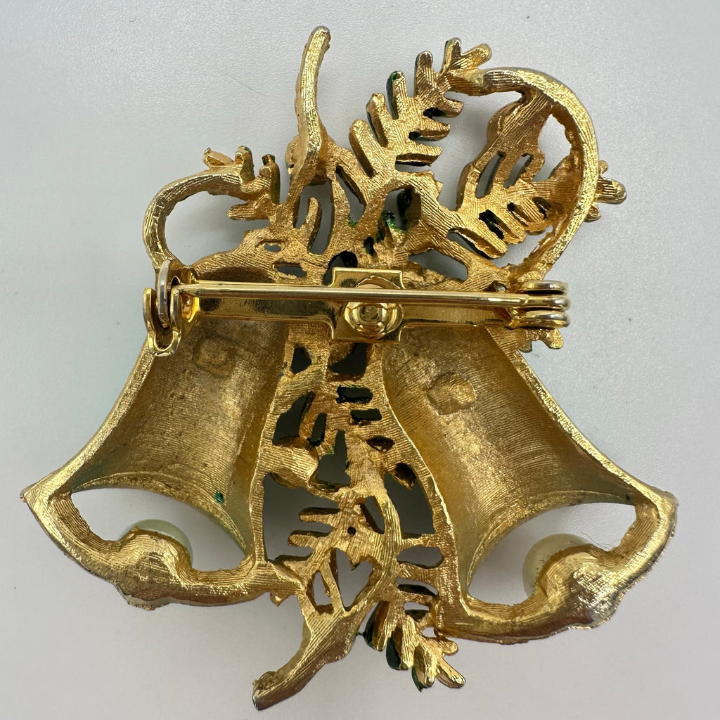 Vintage gold tone AB red rhinestones green enamel Christmas bells brooch