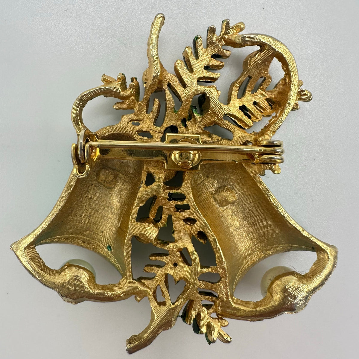 Vintage gold tone AB red rhinestones green enamel Christmas bells brooch