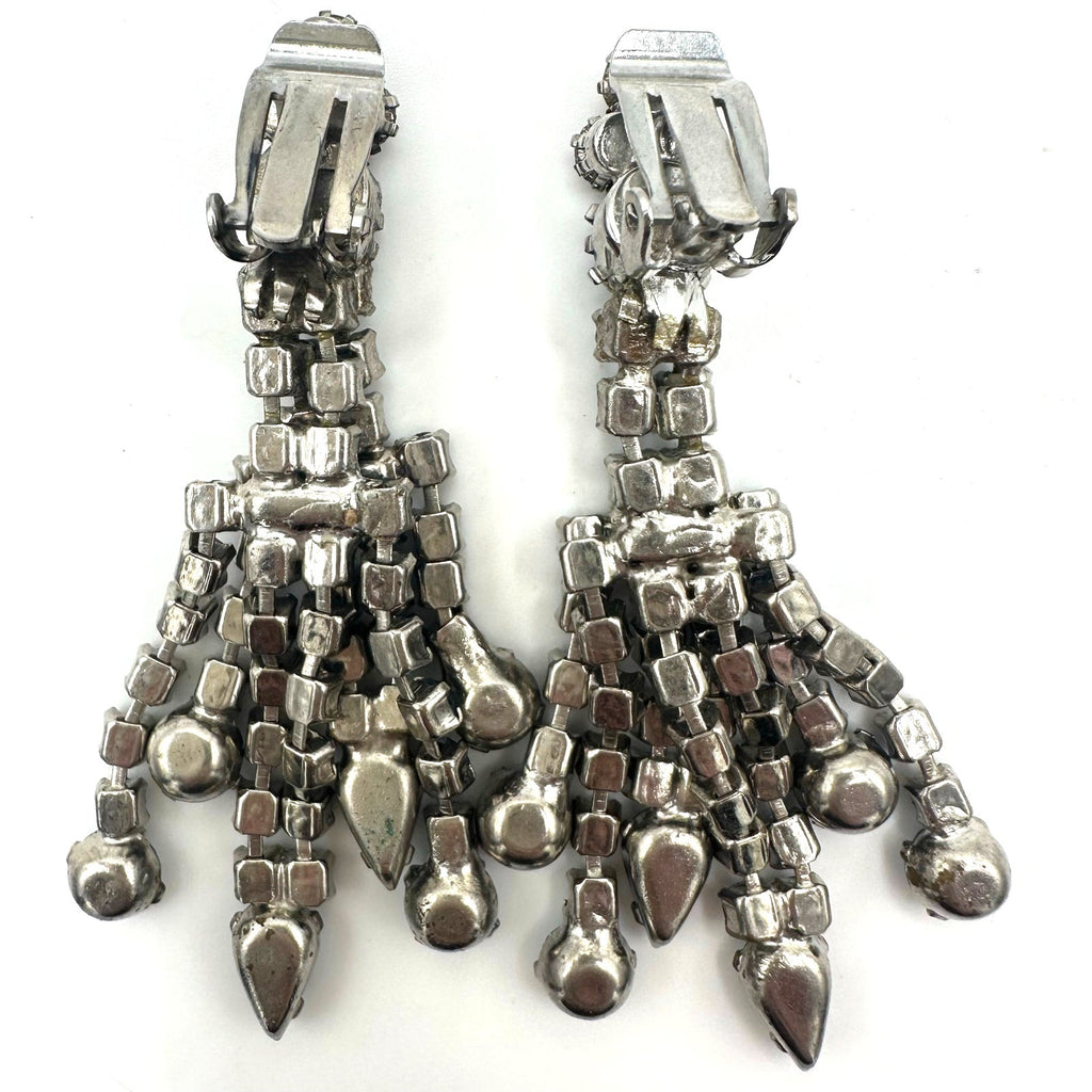 Vintage silver tone light blue clear rhinestones drop fringe clip on earrings