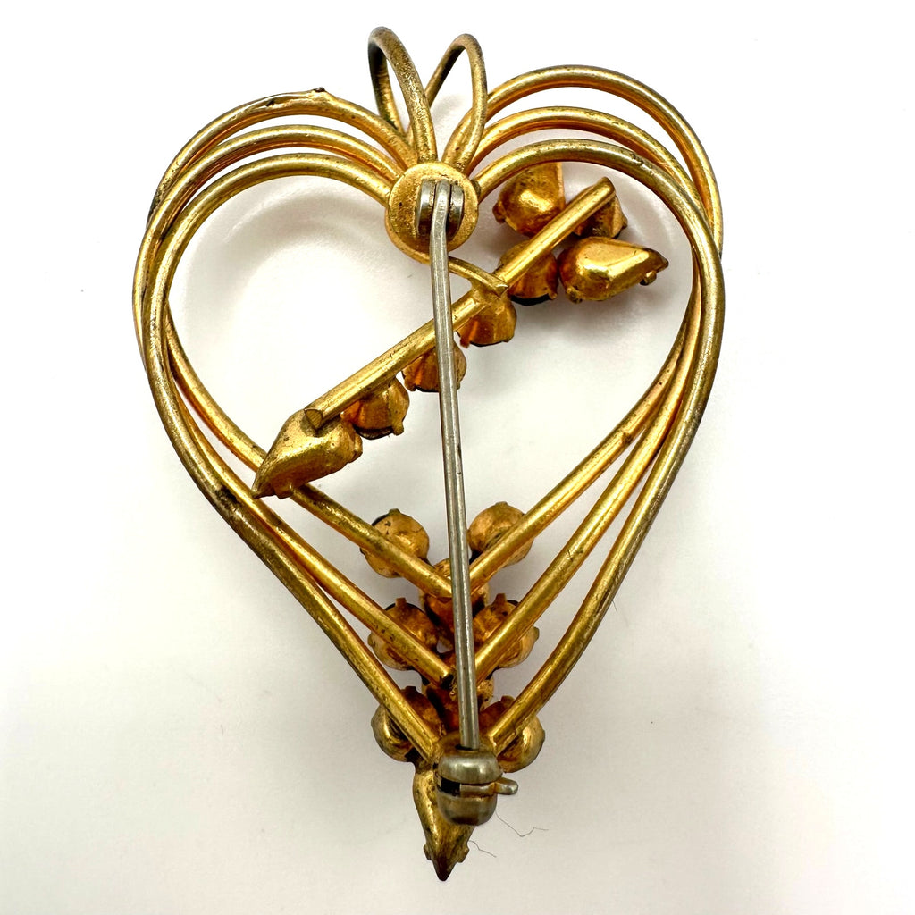 1940s 1950s vintage gold tone pink blue rhinestones heart brooch pin pendant