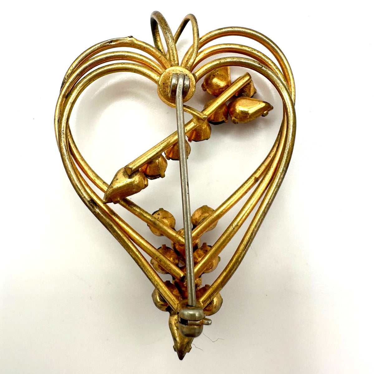 1940s 1950s vintage gold tone pink blue rhinestones heart brooch pin pendant