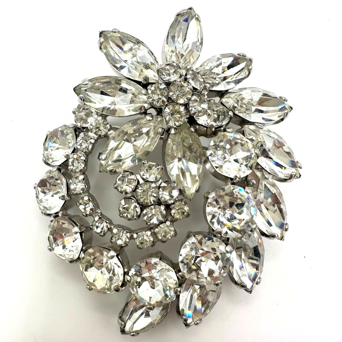 1950s high end vintage silver tone clear glass rhinestones brooch