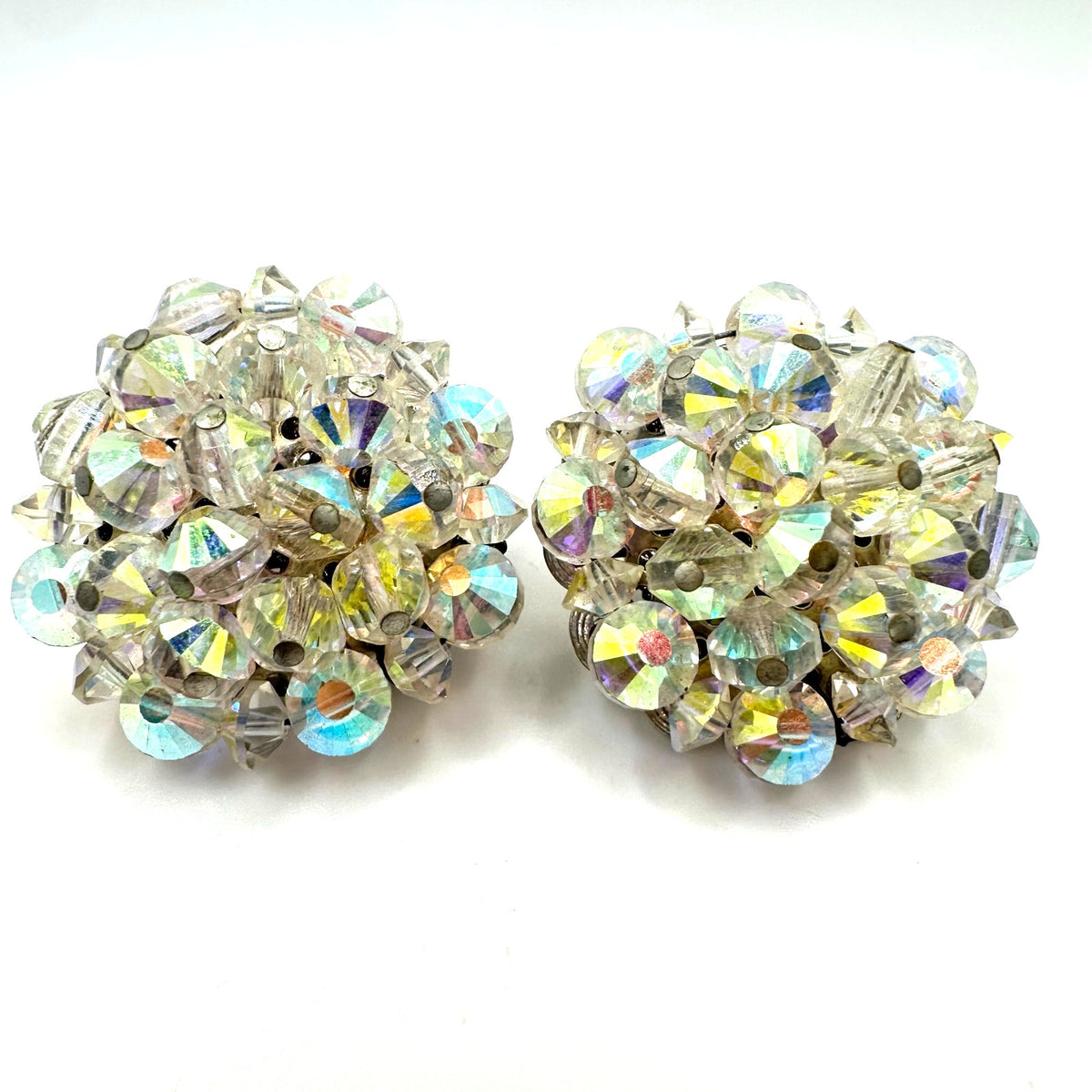 Hobé vintage silver tone aurora borealis glass beaded cluster clip on earrings