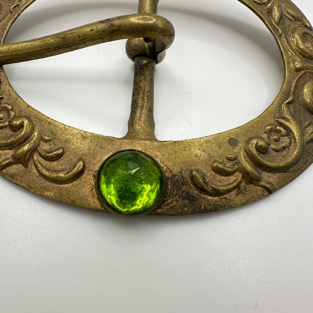 Antique Art Nouveau embossed gold tone brass green rose cut glass belt buckle