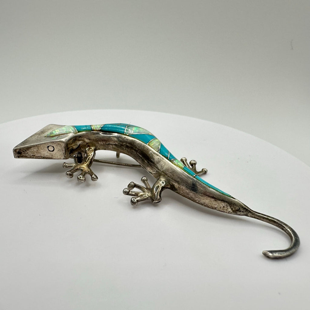 Native American sterling silver fire opal turquoise inlay lizard brooch pendant