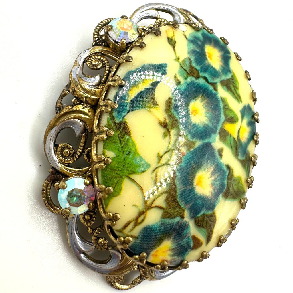 West Germany vintage gold tone floral portrait purple enamel rhinestones brooch