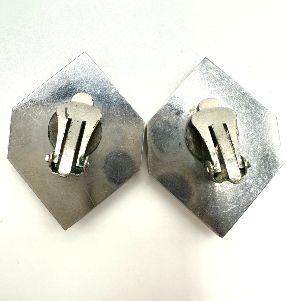 Vintage genuine mother of pearl simulated cubes silver tone clip on earrings