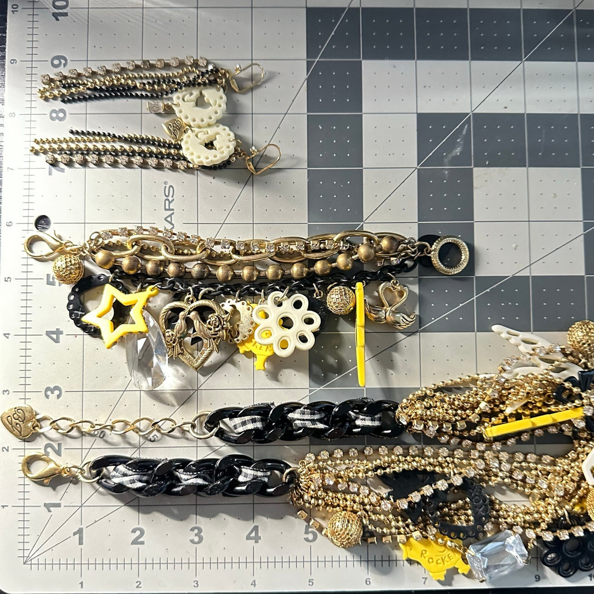 Betsey Johnson Rocker Chic gold tone charms necklace bracelet earrings set