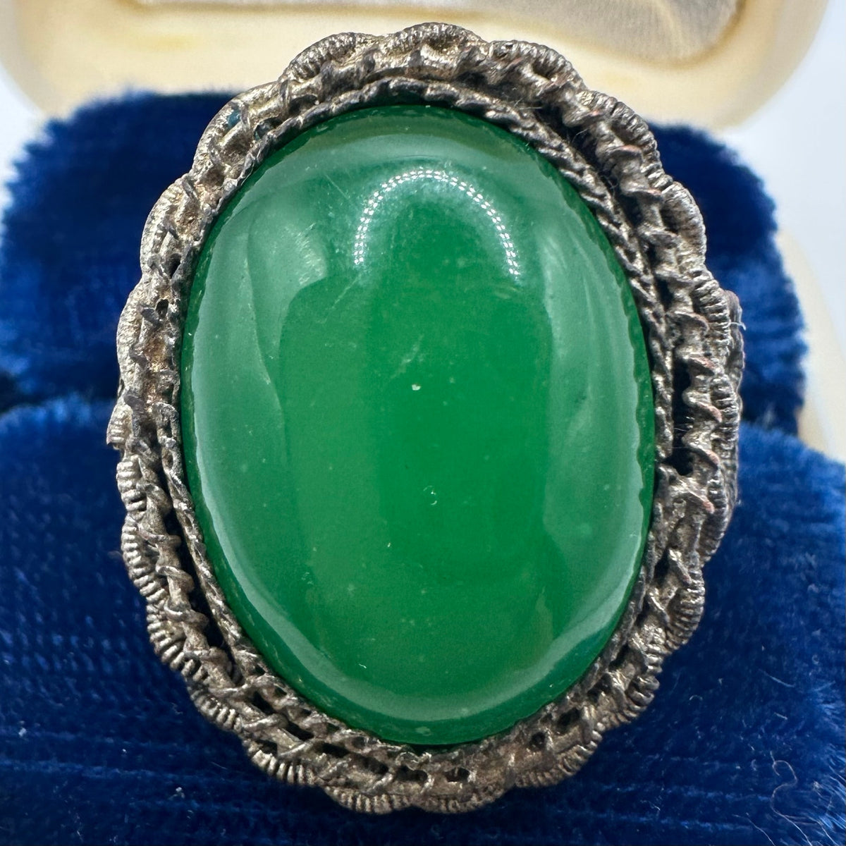 Vintage Chinese export green faux jade glass cabochon adjustable brass ring