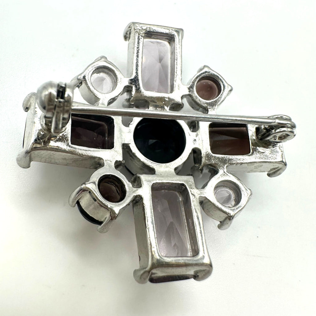 Vintage silver tone rhodium plated purple rhinestones Maltese cross brooch