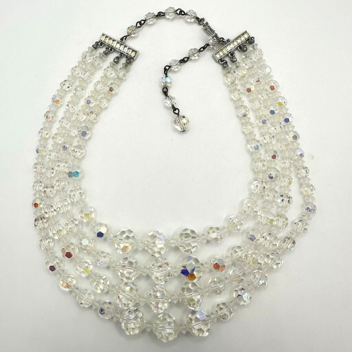 Vintage 4 strand clear AB aurora borealis glass beaded graduated necklace