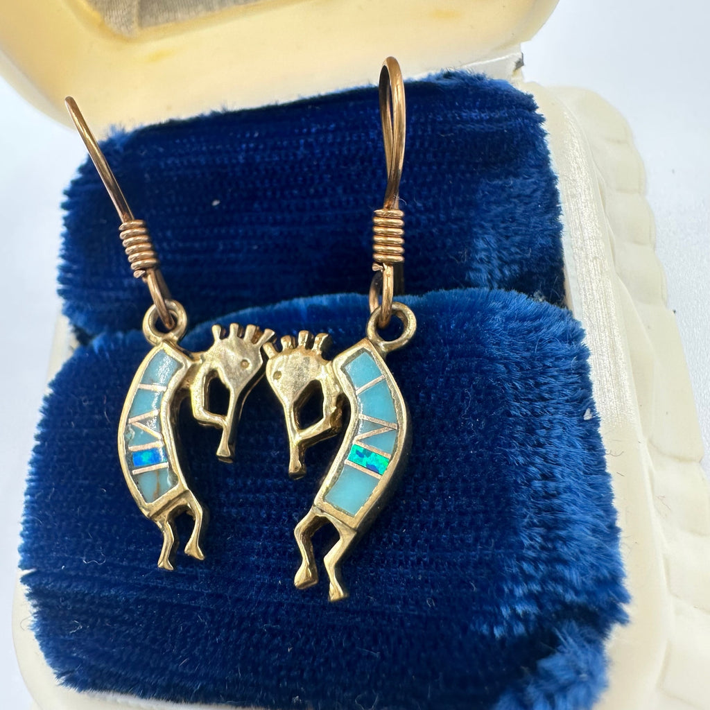 Native American bronze gold tone fire opal turquoise inlay Kokopelli earrings