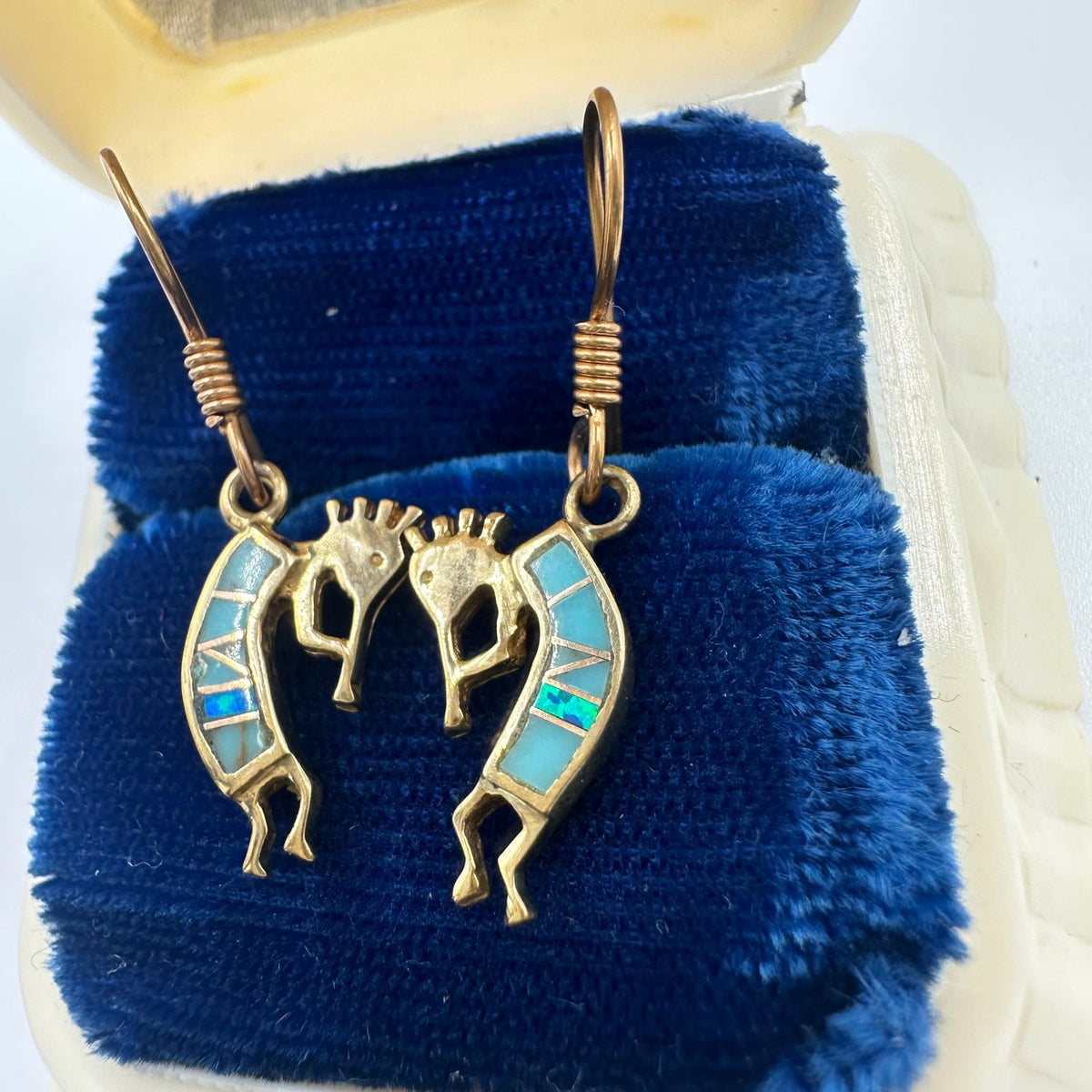 Native American bronze gold tone fire opal turquoise inlay Kokopelli earrings