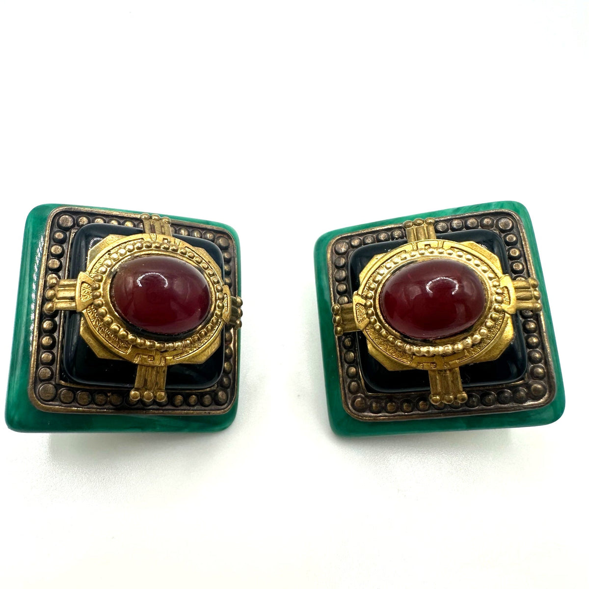 1980s vintage gold tone red black art glass green lucite clip on earrings