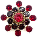 Vintage gold tone red pink purple UV cadmium glass rhinestones large brooch