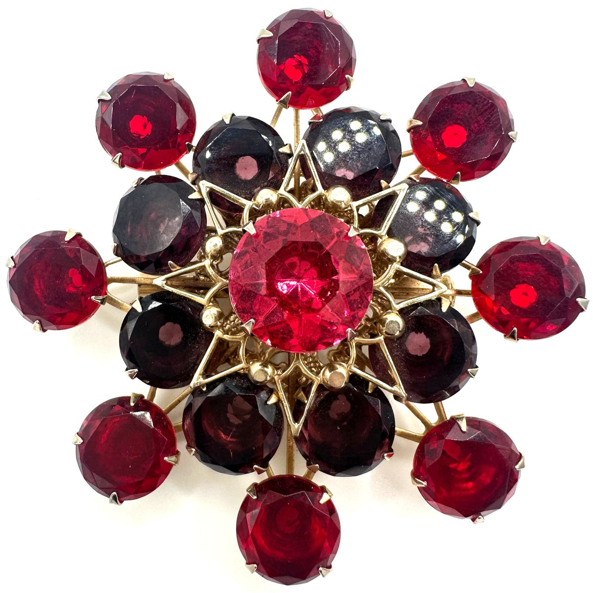 Vintage gold tone red pink purple UV cadmium glass rhinestones large brooch