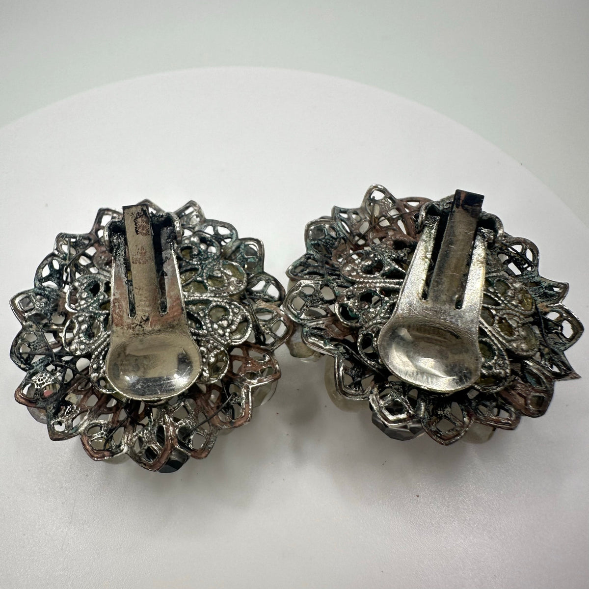 Vintage silver tone AB watermelon glass beads beaded cluster clip on earrings