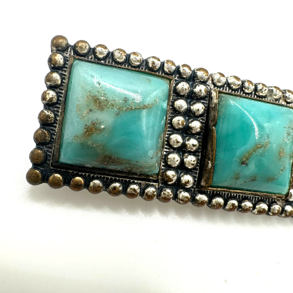 Antique Art Deco faux turquoise art glass cabochons silver gilt brass brooch