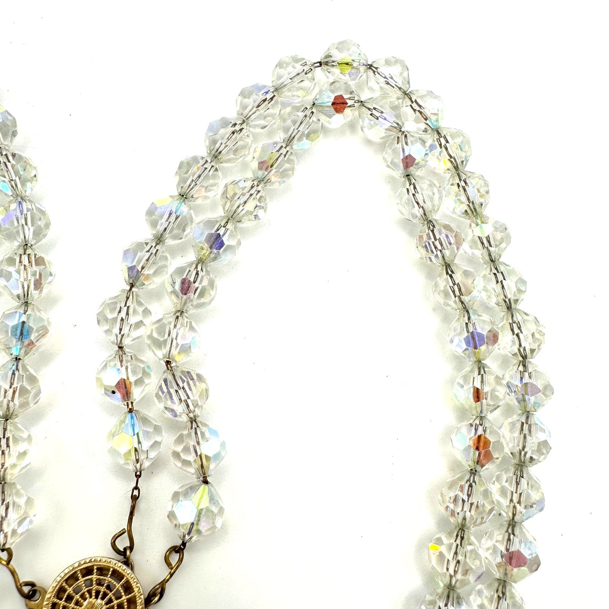 Vintage 2 double strand clear faceted glass aurora borealis AB beaded necklace