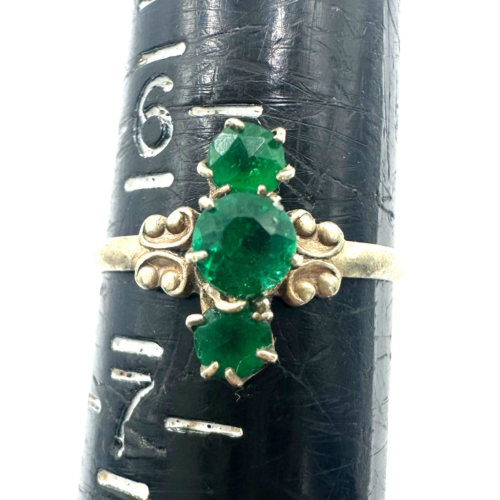 Antique Art Deco 1920s silver tone green Czech glass rhinestones ring 6.5