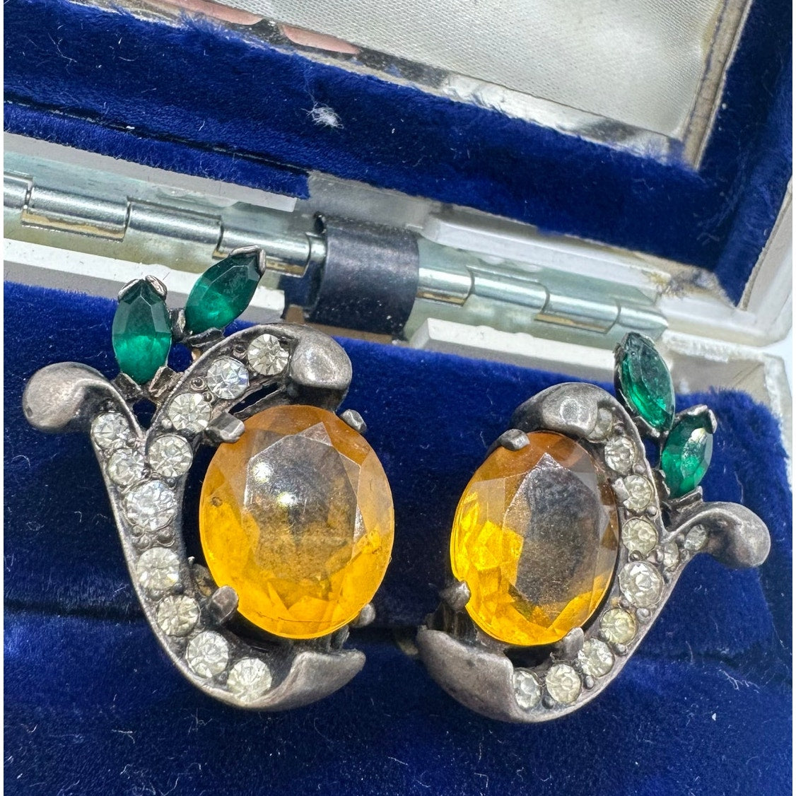 Joseph Mazer vintage sterling silver topaz emerald rhinestones clip on earrings