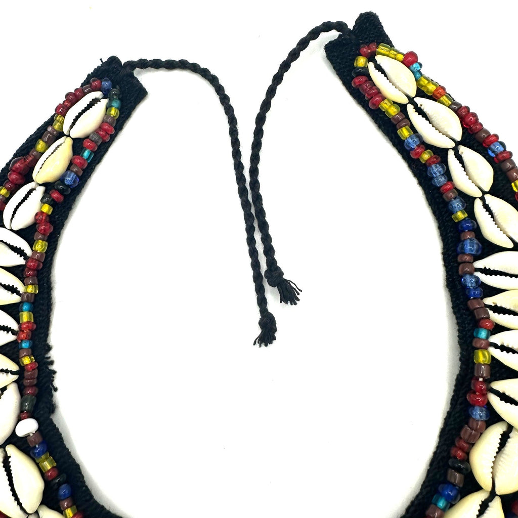 Vintage real Burmese coins beaded cowrie shells black bib statement necklace