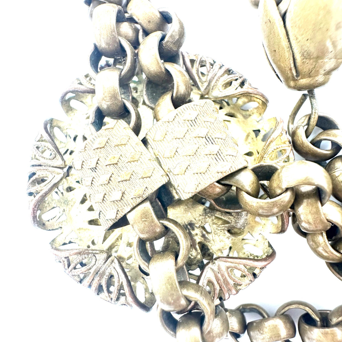 Antique Art Deco gold tone brass Czech glass rhinestones slider tassel necklace