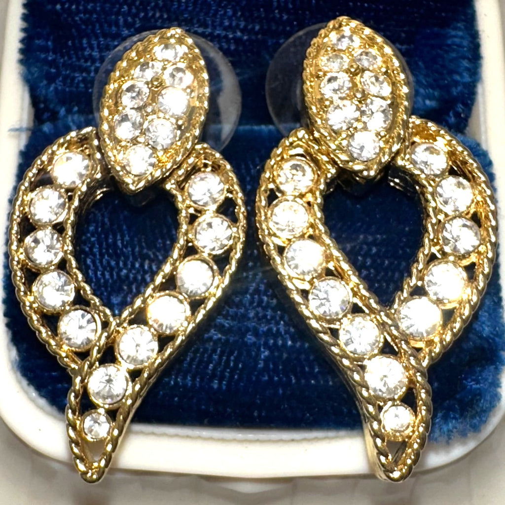 Nolan Miller gold tone clear rhinestones door knocker dangle drop post earrings