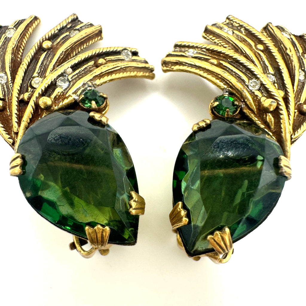 Vintage gold tone fern green rhinestones fan spray crawler clip on earrings