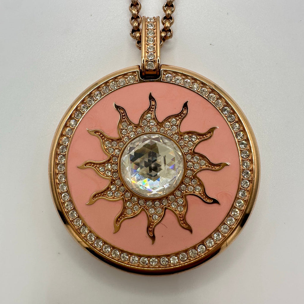 Wintex rose gold pink enamel clear rhinestones quartz pocket watch necklace