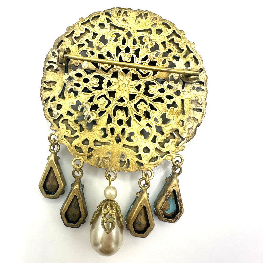 1940s vintage gold tone light blue rhinestones pearl dangling charms brooch