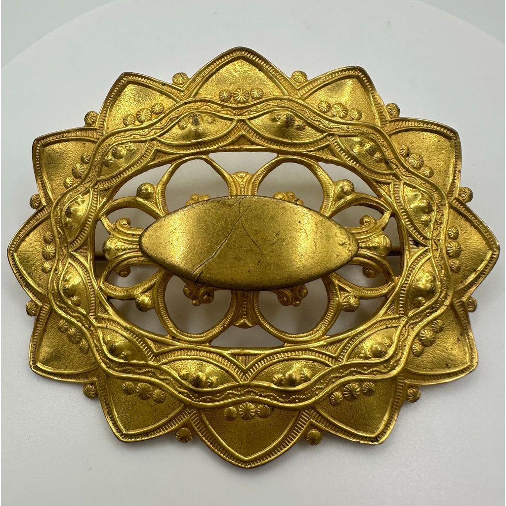 Antique 1900s Arts & Crafts gold gilt brass oval sunburst sash pin brooch