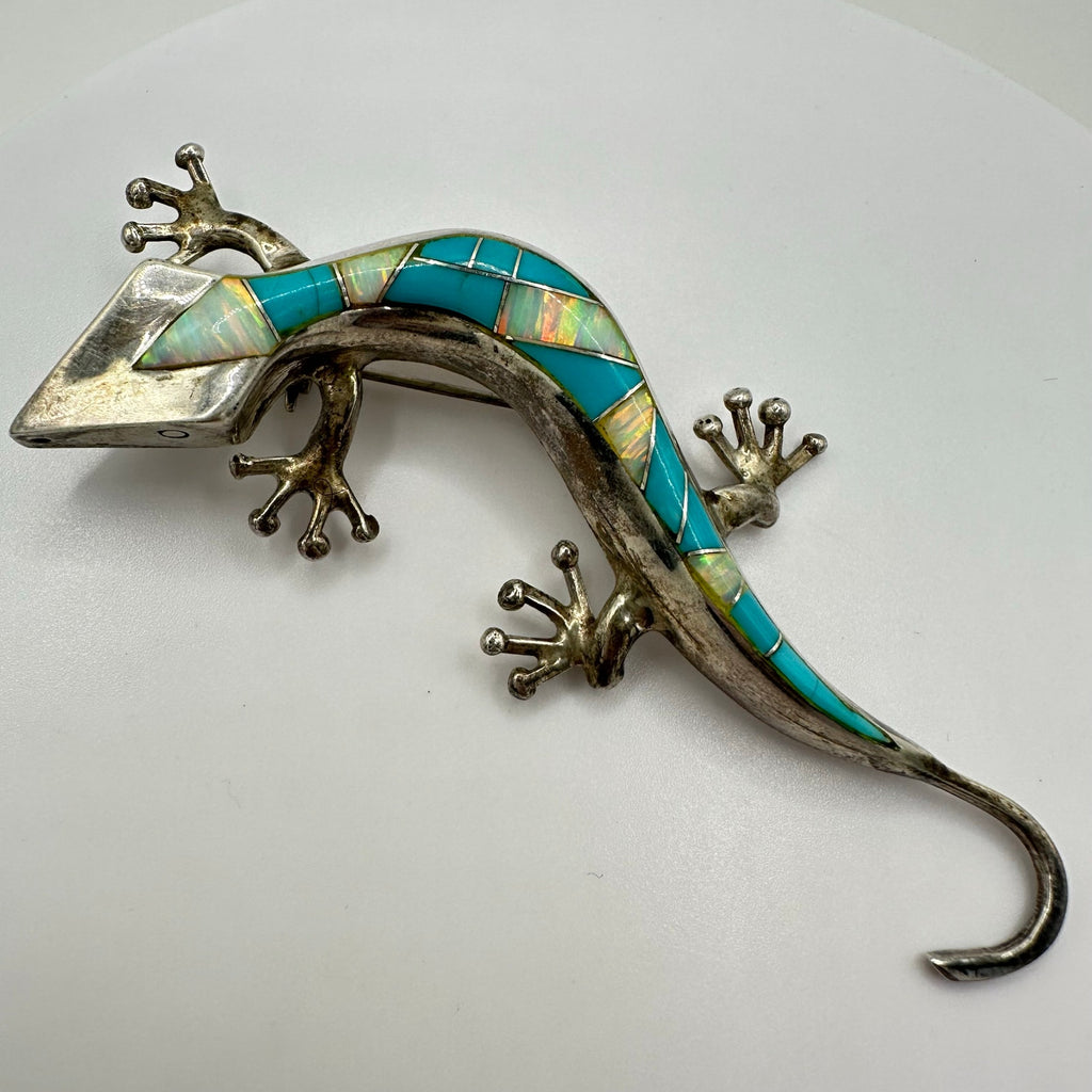 Native American sterling silver fire opal turquoise inlay lizard brooch pendant