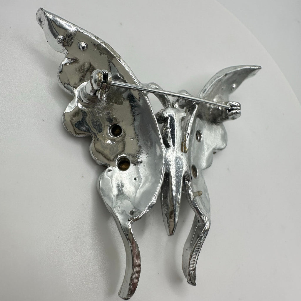 Vintage 1940s silver tone rhodium plated clear red rhinestones butterfly brooch