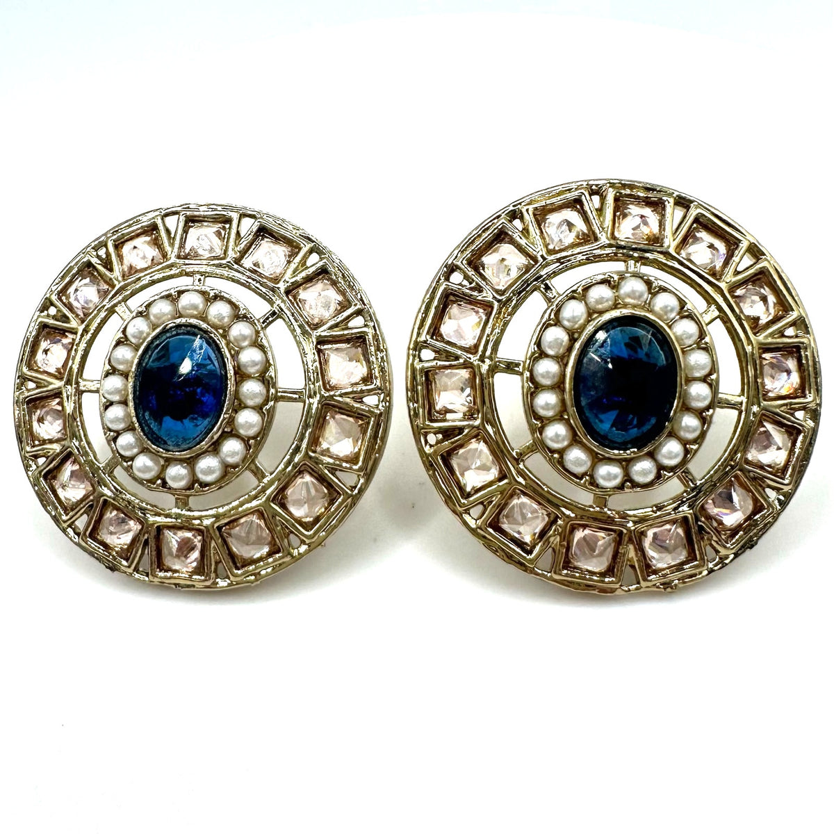 Gold plated blue champagne cubic zirconia CZ faux seed pearls post earrings