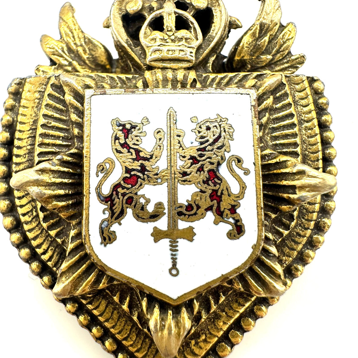 Vintage gold tone Heraldic white red enamel crest shield lion sword crown brooch