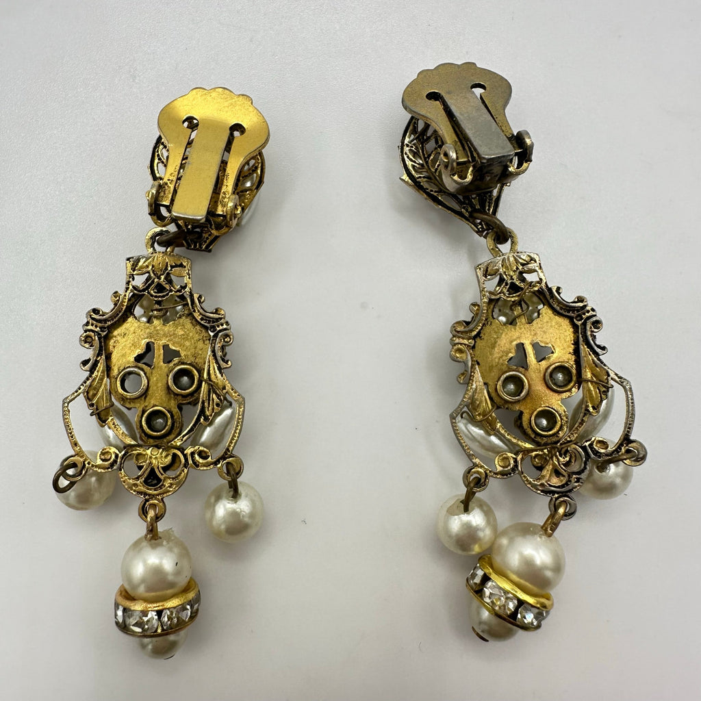 Robert Demario unsigned gold tone rose montee rhinestones pearl clip on earrings