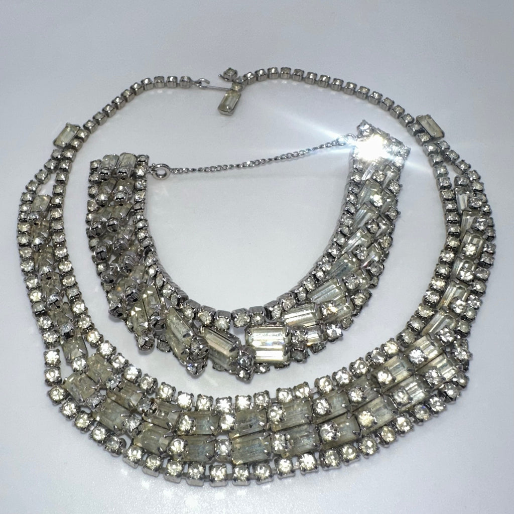 Vintage 1950s silver tone clear rhinestones tennis bracelet necklace parure