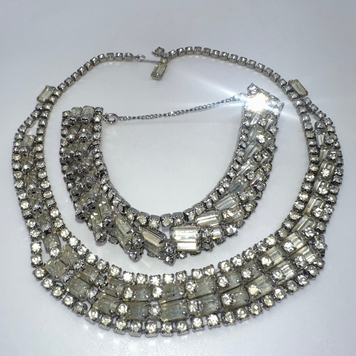 Vintage 1950s silver tone clear rhinestones tennis bracelet necklace parure