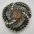Schreiner vintage gold tone clear gray topaz inverted rhinestones pearls brooch